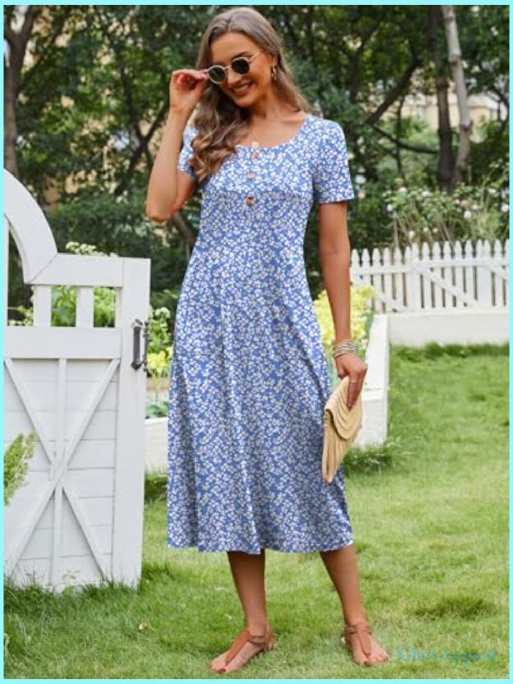 Summer Midi Dress Short Sleeve Button Up Crewneck Loose With Pockets - Picture 3 of 7